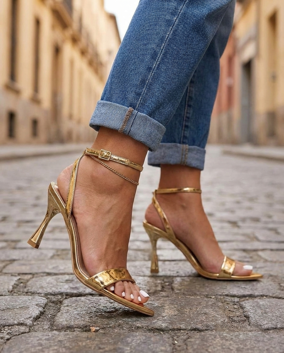 Valentina | Gold Metallic Strappy Heeled Sandals