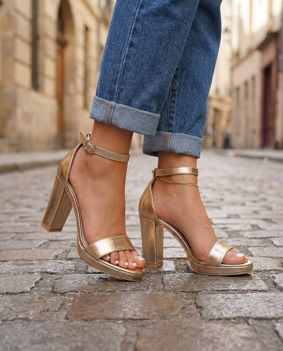 Giselle | Gold Metallic Block Heel Sandals