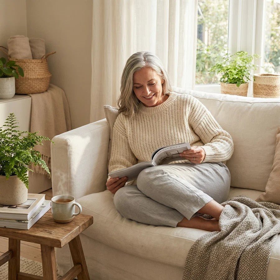 A woman at home in clothes that feel familiar, comfortable and quietly put together.