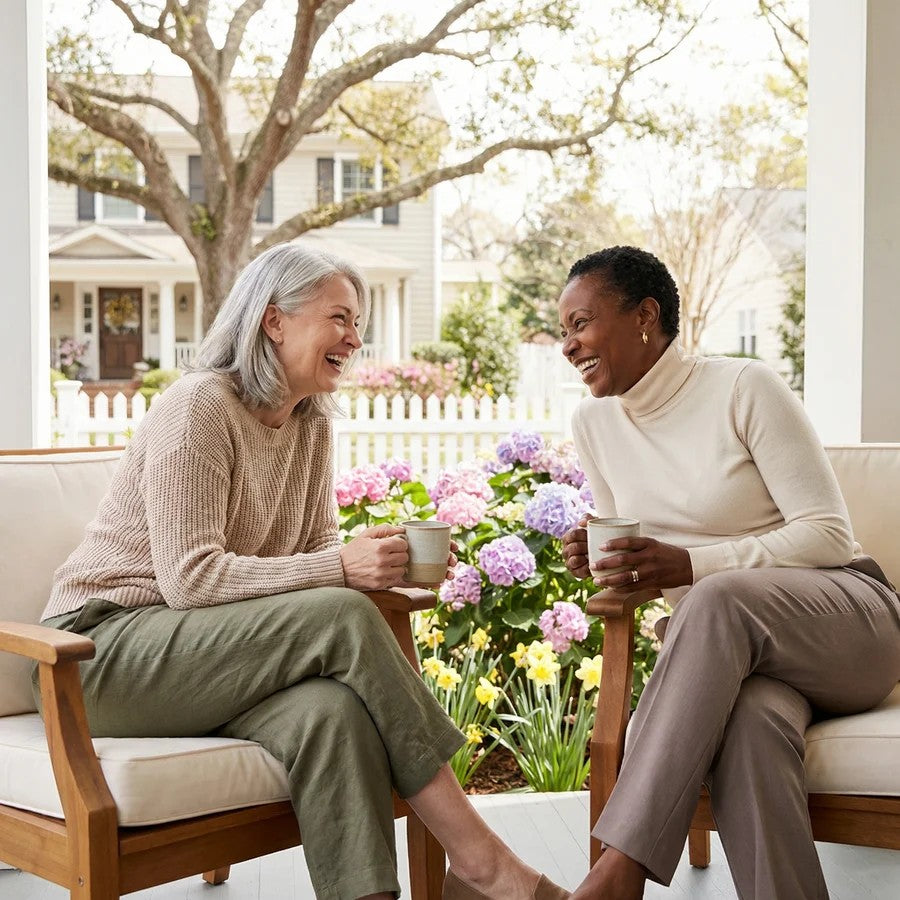 Two women sharing a quiet moment in clothes that stay with you as life unfolds.